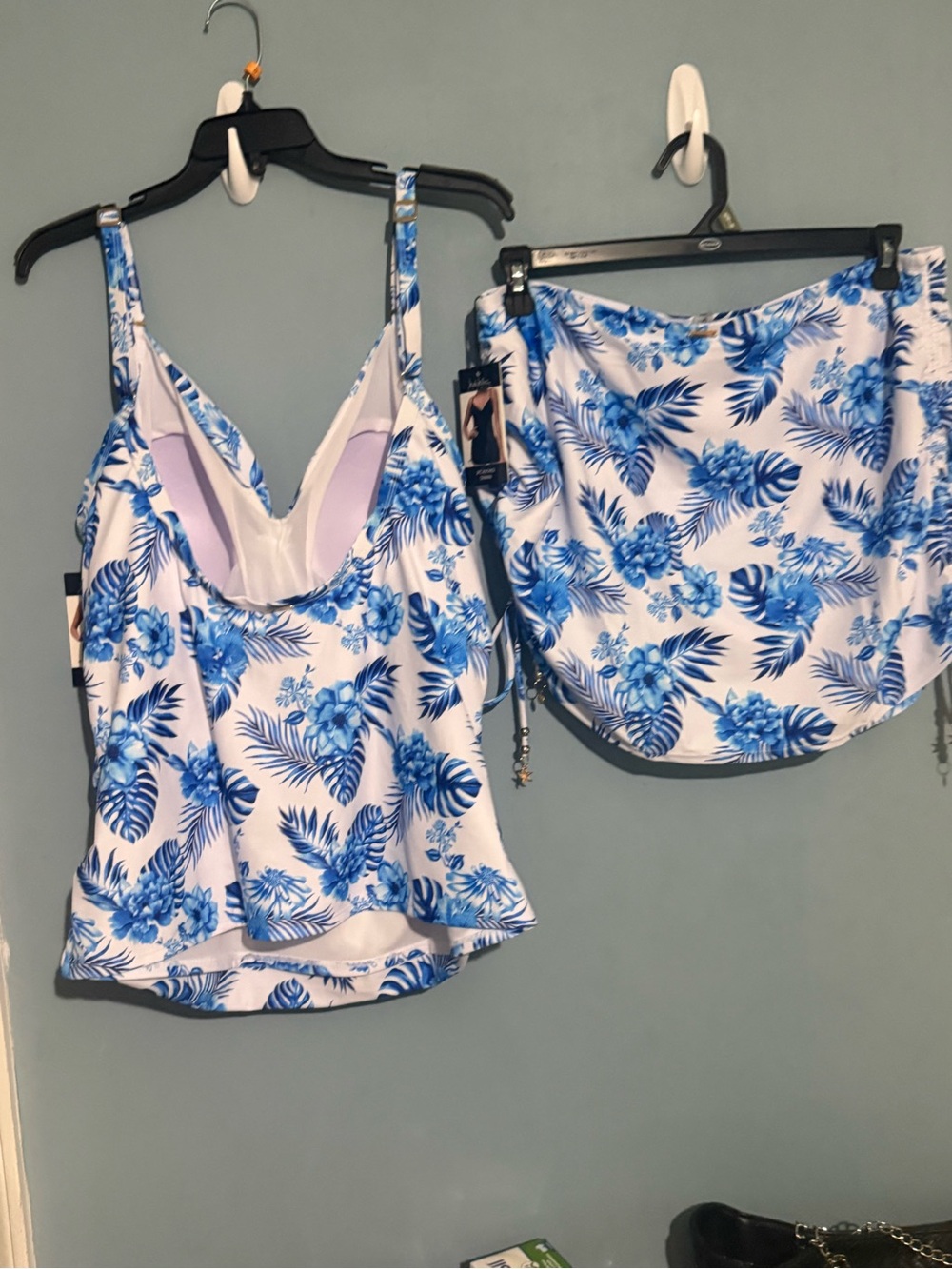Nicole Miller White and Blue Floral Tankini Top with Skirt - Picture 2 of 10